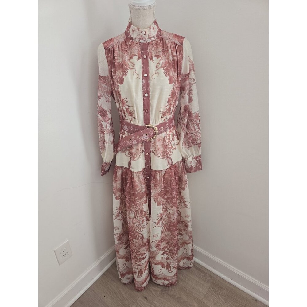 Floral Maxi Chinoiserie High Neck Belted Long Sleeves Mauve Pink Cream Dress M - Picture 12 of 12
